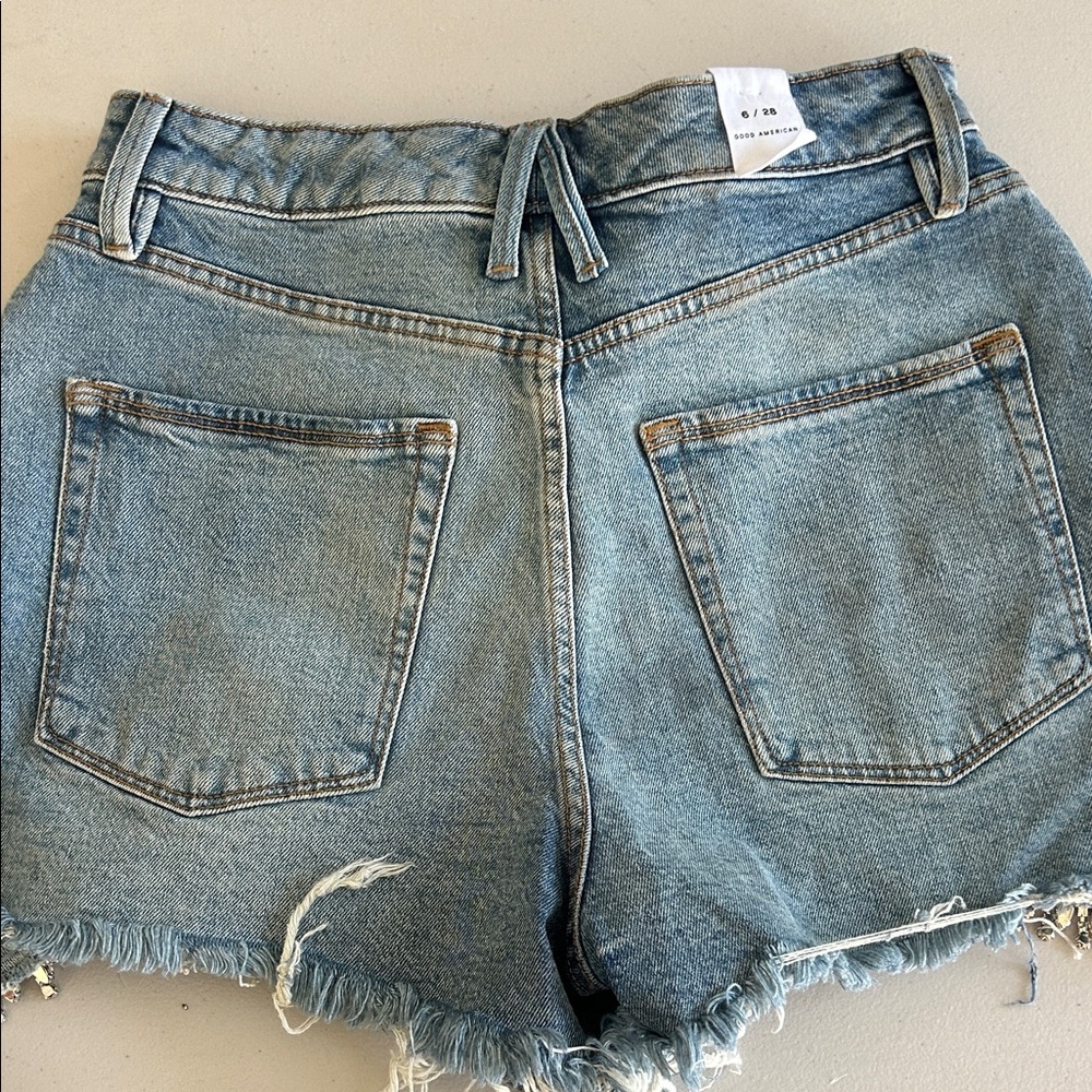 Good American Light Blue Denim Shorts with Crystal Fringe - Picture 3 of 4